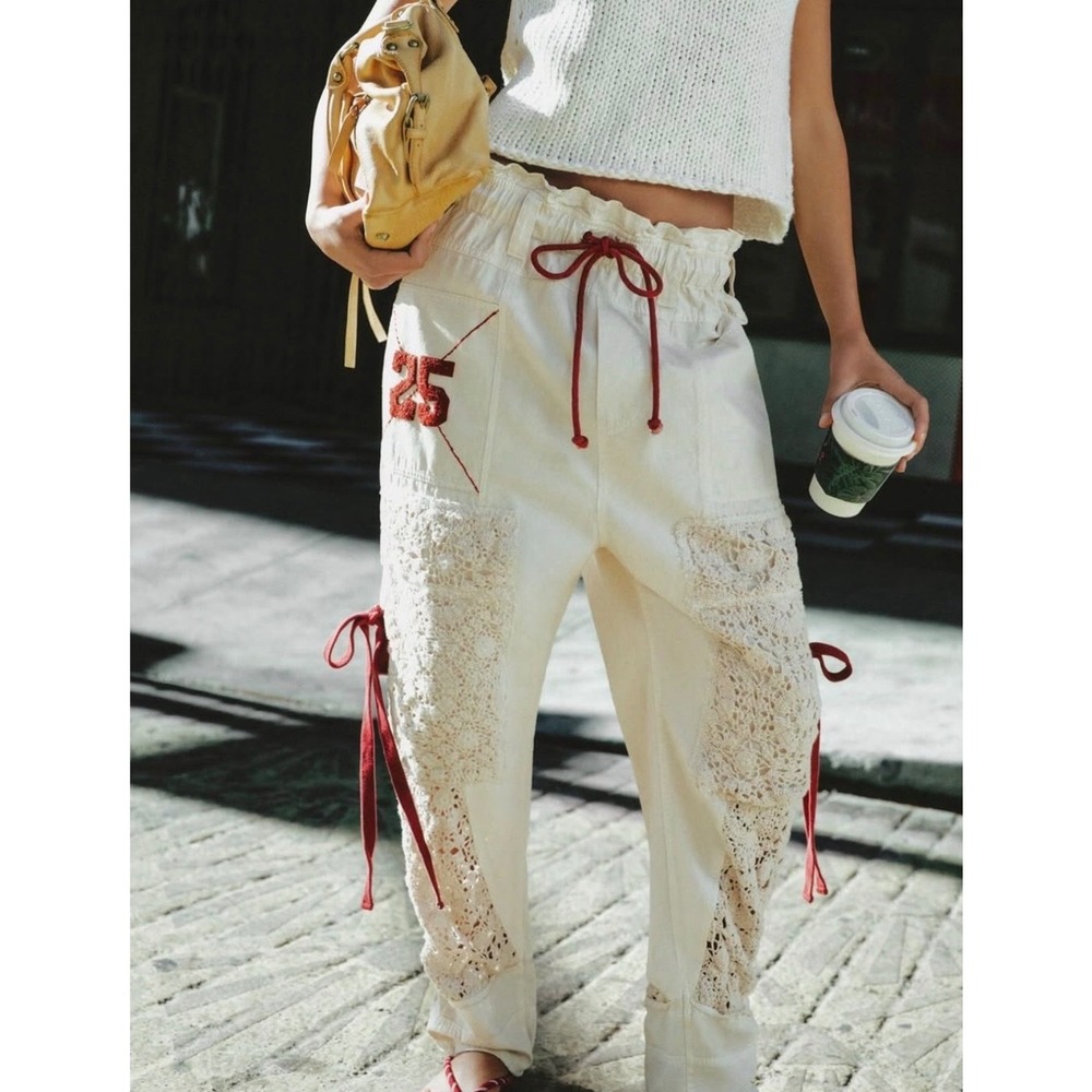 Free People NWT $268 Rockaway Pull On Crochet Pants Ivory Birch Medium